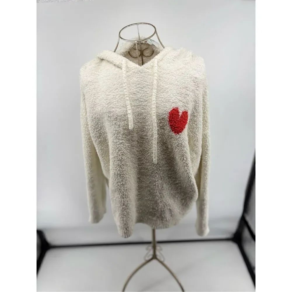 Aerie Fleece Hoodie Sweatshirt Heart Detail Cream Size Medium